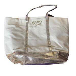 Victorias Secret Sequin Tote Bag White Gold Canvas Metallic Sequins Handbag